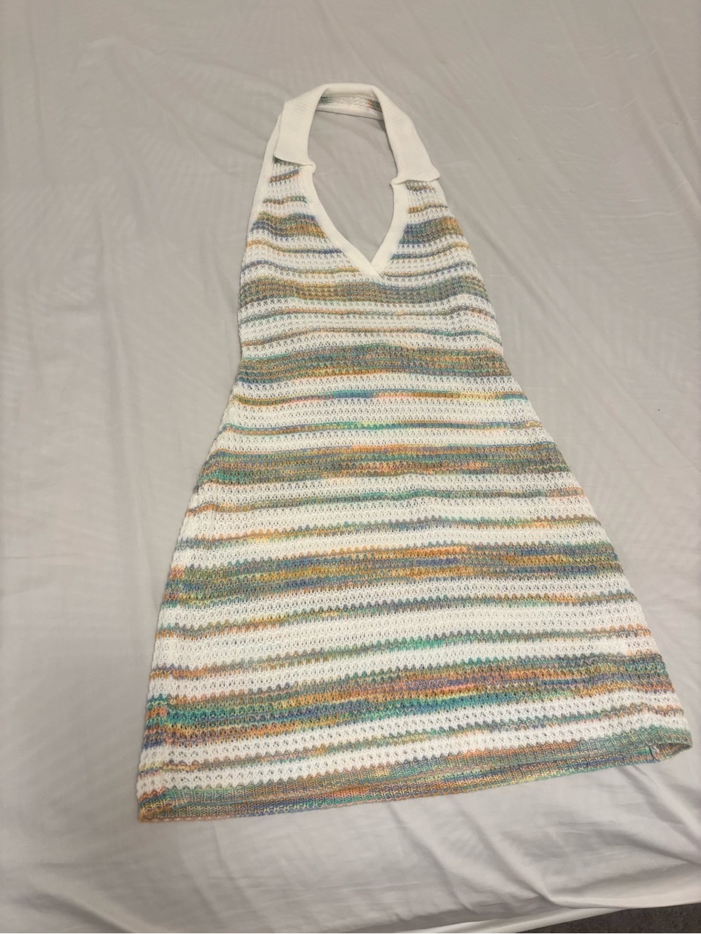 Source Unknown White Multicolor Striped Crochet Backless Halter Dress
